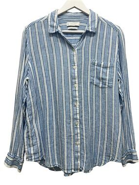 Lucky Brand Button Up Shirt Top Womens L Striped Lagenlook Coastal Boho Beach